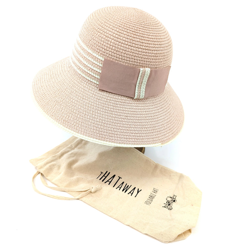 Pink Cloche Style Sun Hat with Black Stripey Band