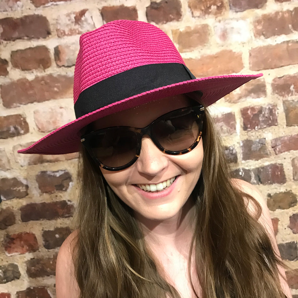 Panama Style Sun Hat - Pink & Black (57cm)