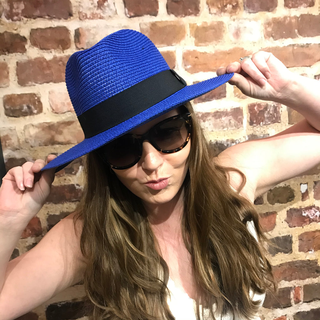 Panama Style Sun Hat - Blue & Black (57cm)